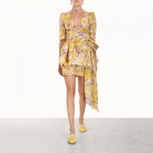 Short Sleeves Side Embellished Bow Print Yellow Dress