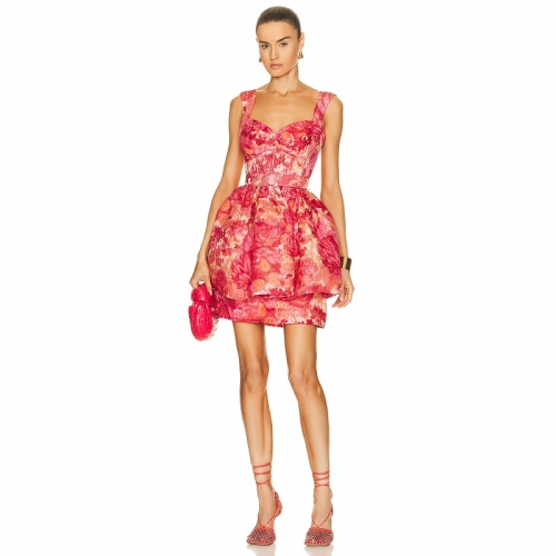 Fashion Women Spaghetti Strap Belt Red Print Dress