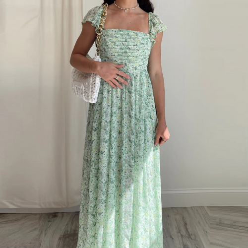 Hot Sale Square Neck Green Print Lined Chiffon Long Dress