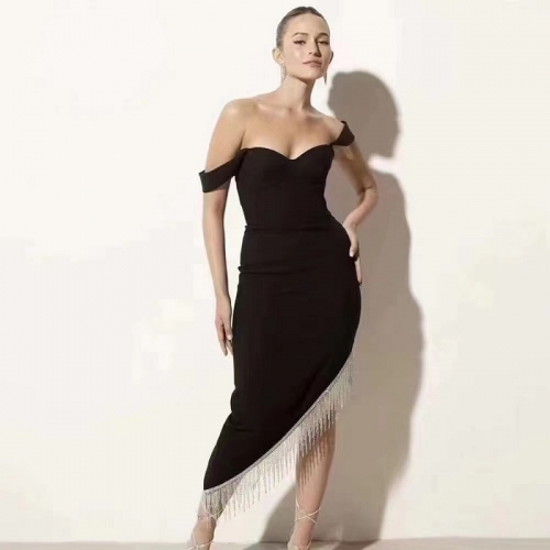 Women Strapless Asymmetric Black Tassel Bodycon Dress