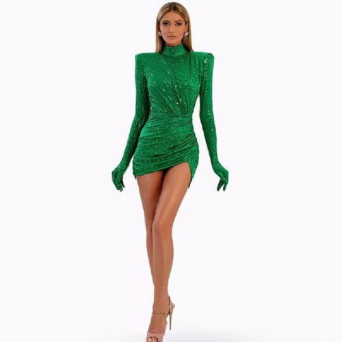 Women Green Sequin Long Sleeves High Neck Zipper Dress