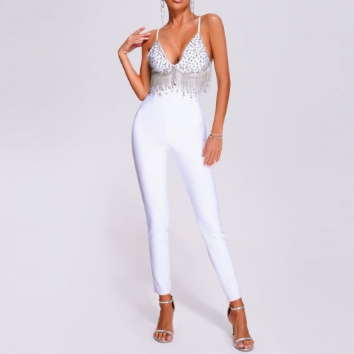 New Design Spaghetti Strap V Neck Rhinestone White Jumpsuit