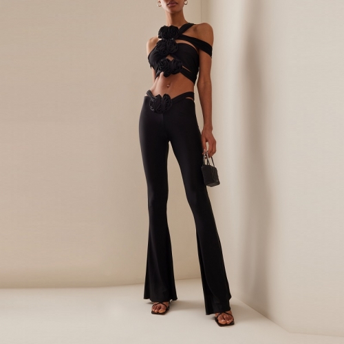 Women Black Stereoscopic Flower Stripe Top Tight Pants Two Piece Sets