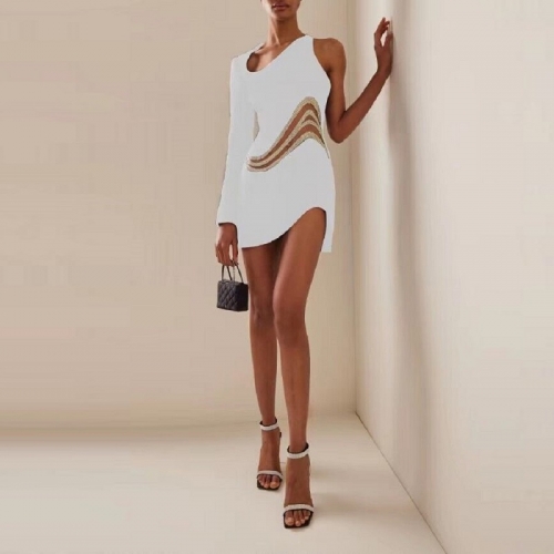 New Style Single Sleeve Hot Rhinestone Breathable Mesh White Dress