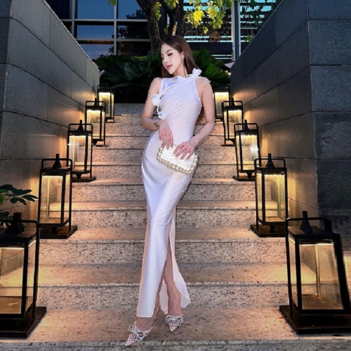 Latibell New Style Stereoscopic Flower Sleeveless Side Split White Long Dress