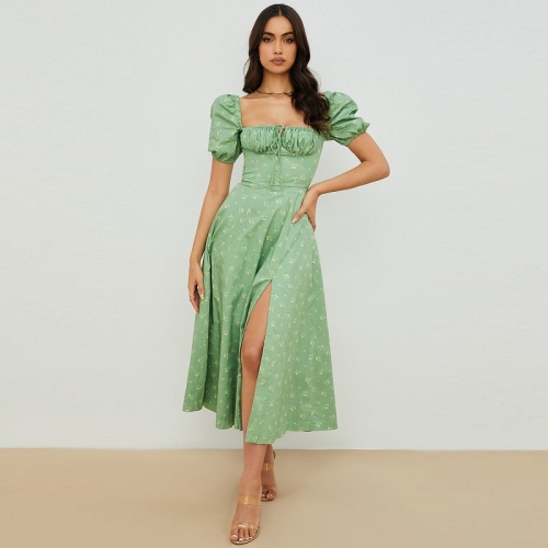 New Arrival Square Neck Short Sleeves Green Chiffon Long Dress