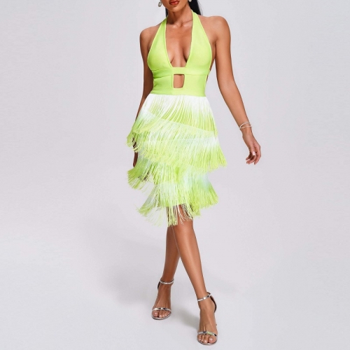 New Design Halter Deep V Neck Tassel Bare Back Green Dress