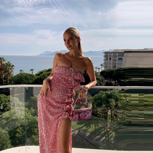 Sequined Rhinestone Off Shoulder Elegant Slit Luxury Birthday Evening Dress