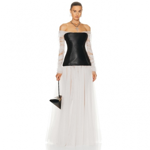 Luxury Sexy Off Shoulder Mesh Leather Patchwork Pleated Maxi Long Gowns Dress Elegant Celebrity Evening Party Club Dress