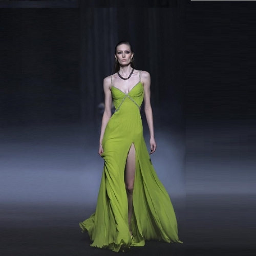 New Style Diamonds Slim Sleeveless Party Dress Women Bandeau Low V Maxi Dress Sexy High Slit Green Dress Night Club Party Dress