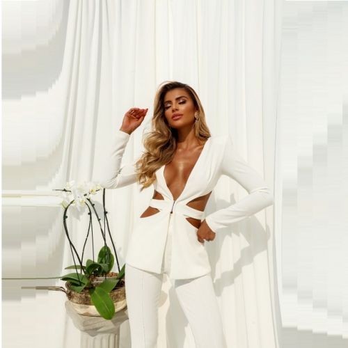 Women's Autumn New Fashion Cut-out Suit Matching Set Sexy Low V Blazer Coat&Pants Two-piece Female Clothing