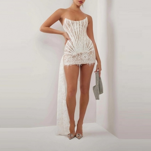 Sexy Herringbone See-through Lace Mini Dress For Women Sleeveless Off-shoulder Dress Skinny Party Club Wear