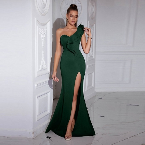 New Style Fashion One-shoulder Solid Wrap Hip Dress Sexy Backless High Slit Slim Maxi Dress Party Club Dress