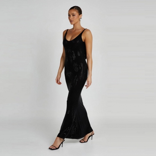 Sexy Black Spaghetti Strap Sleeveless Backless Diamonds See-through Dress Party Club Dress