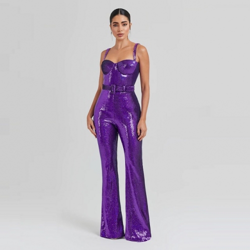 Fashion Purple Sequin Spaghetti Strap Backless Sleeveless Bandeau Slim Wrapping Hip Jumpsuit Party Casual Club Ladies Clothing