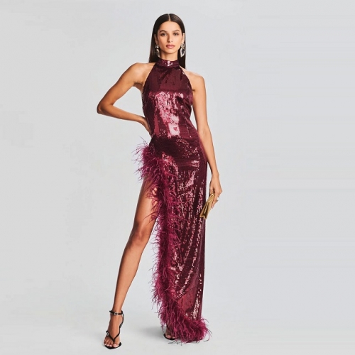 Fashion Shiny Wine Red Sequins Feather Asymmetric Maxi Dress Elegant Halter Neck Sleeveless Dress Sexy Party Club Ladies Dress