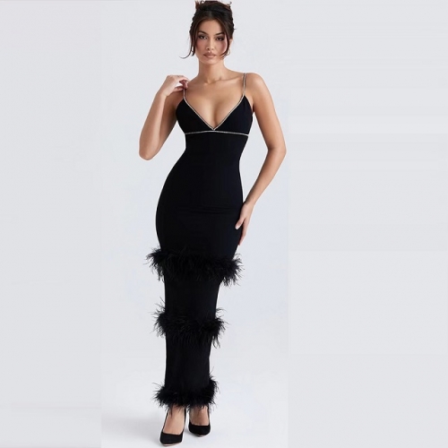 Stylish Diamonds Feather Bandage Dress Elegant Spaghetti Strap V-neck Sleeveless Maxi Dress Party Club Ladies Dress