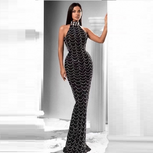 Newest Stylish Women Diamonds Beads Dress Elegant Halterneck Sleeveless Maxi Dress Party Club Ladies Dress