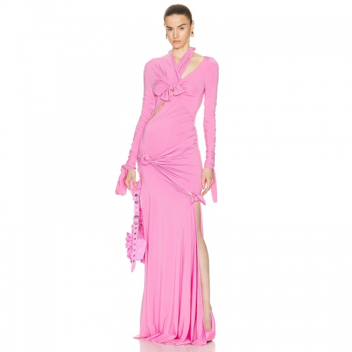 Elegant Halterneck Long Pile Up Sleeve Pink Maxi Dress For Women Sexy Hallow Out Pleated Dresses Fashion Lady Party Street Wear