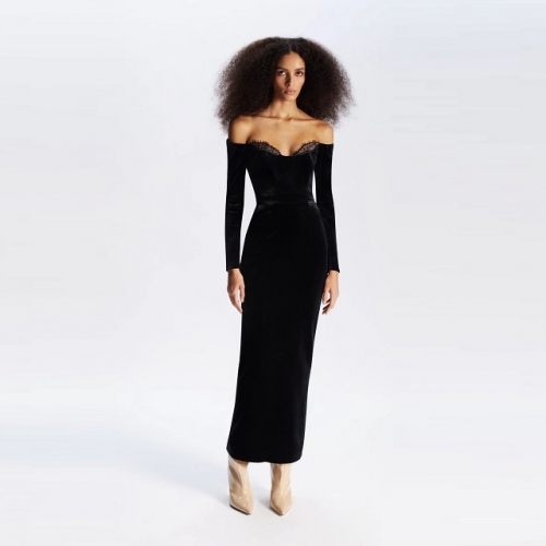New Women Black Lace Silt Patchwork Velvet  Long Dress Fashion Long Sleeve Off-shoulder Slim Maxi Dress Evening Party Dress