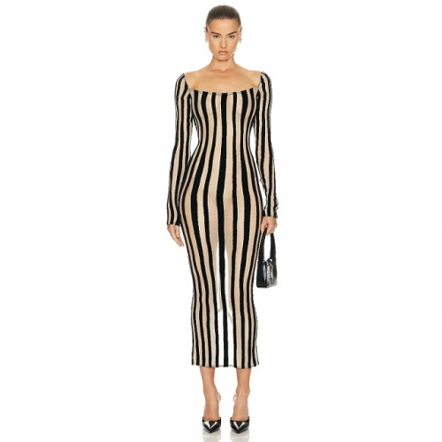 New Sexy See-through Backless Mesh Patchwork Velvet Long Sleeve Striped Dress Elegant Party Club Street Woman Clothing