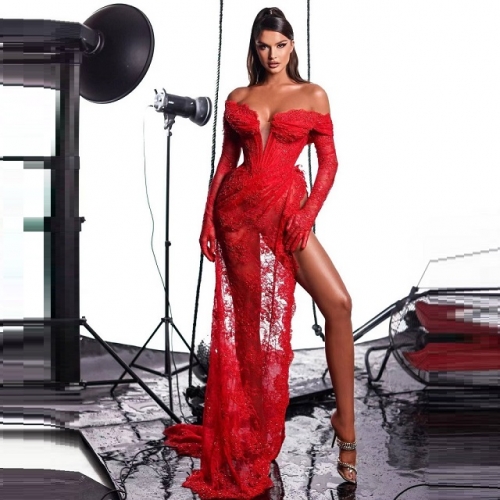 Fashion Sexy Low V-neck Off-shoulder Backless Solid Red Beads Slit Lace Long Dress+Gloves Party Club Maxi Dress