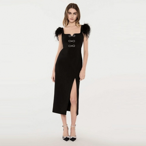 New Fashion Black Feather Spaghetti Strap Sleeveless sliver Diamonds Bow Slit Bandage Dress Elegant Party Club Woman Clothing