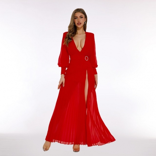 New Style Sexy Red Low V-neck High Slit Lantern Sleeves Maxi Chiffon Dress Fashion Party Club Street Women Clothing
