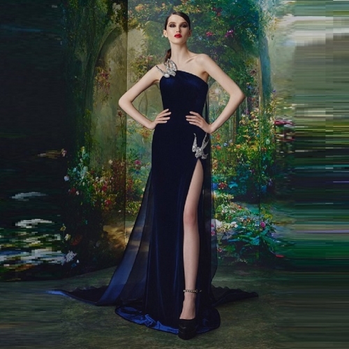 Sexy Elegant Single Shoulder Strap Backless High Slit Diamonds-Birds Maxi Bandage Dress Ladies Evening Party Club Luxury Dress