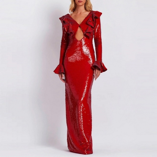 2024 New Sexy Elegant Red V-Neck Flare Sleeves Slit Cut-out Sequin Maxi Dress Fashion Party Club Street Ladies Clothing