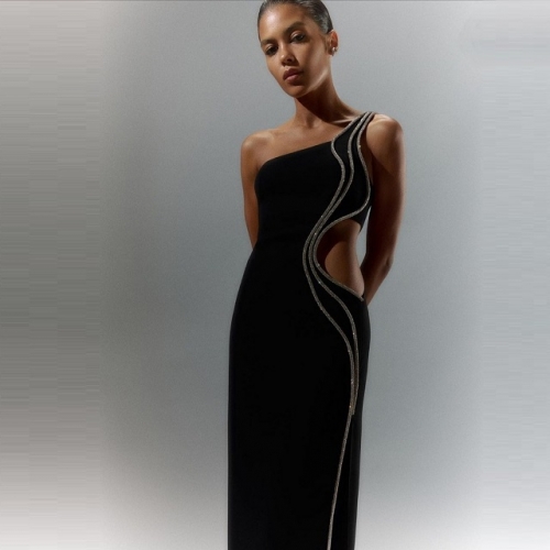 2024 New Sexy One-shoulder Sleeveless Cut-out Slit Diamond Maxi Bandage Dress Fashion Party Club Street Ladies Clothing