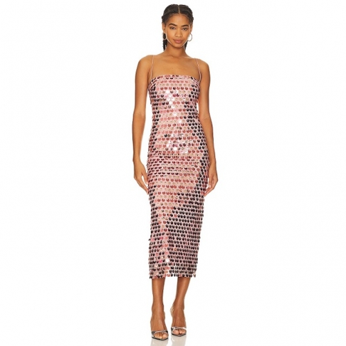 2024 New Luxury Pink Spaghetti Strap Sleeveless Backless Slit Slim Sequins Dress Fashion Party Club Street Ladies Clothing