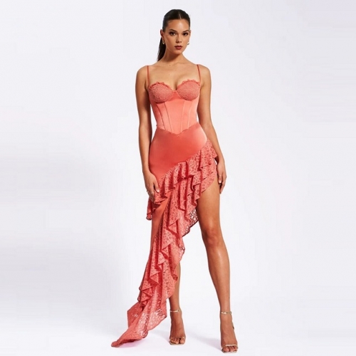 2024 New Luxury Spaghetti Strap Sleeveless Irregular Mesh Patchwork Dress Fashion Party Club Street Ladies Clothing