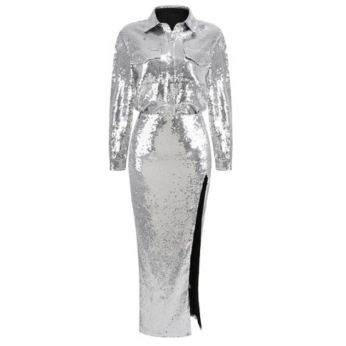 2024 New Luxury Sliver Long Sleeve Turn-down Collar High Slit Sequin Dress Fashion Party Club Street Ladies Clothing