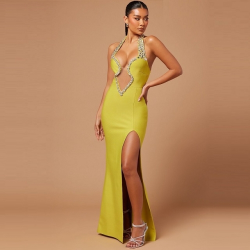 2024 New Luxury Halter Sleeveless See-through Mesh Patchwork Diamonds Maxi Bandage Dress Fashion Party Club Street Lady Clothing
