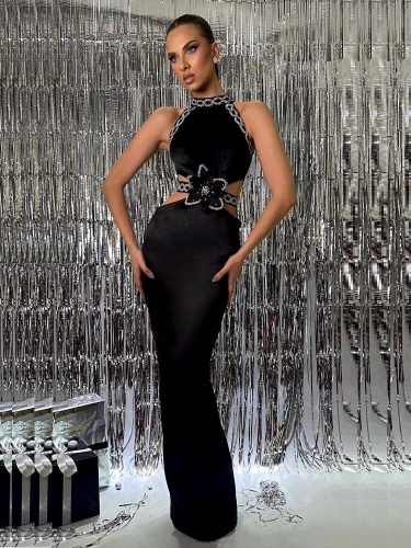 2024 New Black Halterneck Diamond Sexy Bandage Dress