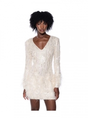 2024 New V-neck Sequined Feather Long Sleeve Slim Dress
