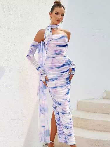 2024 New Colored Gauze Printed Off-shoulder Dress