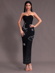 2024 New Black Sexy Rhinestone Off-shoulder Slim Temperament Bandage Dress