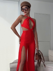 2024 New Summer Red Neck Sexy High-end Design Bandage Jumpsuit