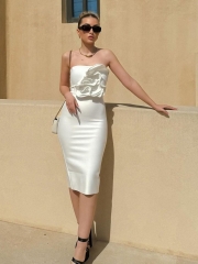 2024 New Summer White Sexy Three-dimensional Flower Off-shoulder Bandage Dress