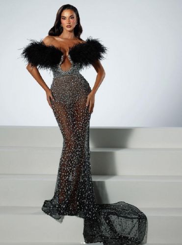 2024 Summer New Sexy Strapless Feathers Inlaid Diamond Slim-cut Evening Dress High-class