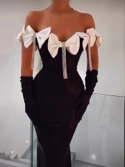 2024 Summer New Bandage Dress White Big Bow Drill Chain Dress Skirt