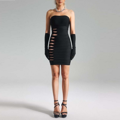 2024 Summer New Sexy Black Tube Top Cut Slim Short Bandage Dress With Gloves