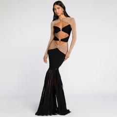 2024 Summer New Sexy Black Spell Brown hollow Diamond-encrusted Long Dress Party Dress Advanced