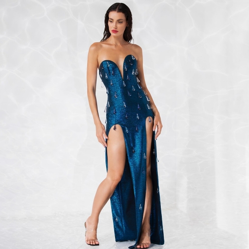 2024 Summer New Blue Sexy Tube Top Acrylic Water Drop Long Dress