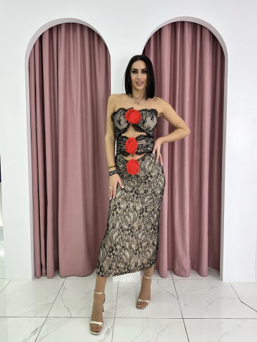2024 Summer New Sexy Black Gauze Perspective Hollow Red Three-dimensional Flower Tube Top Long Dress