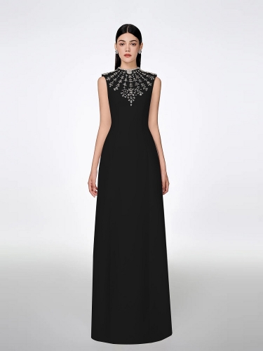2024 Summer New Black Sexy Rhinestone Round Neck Sleeveless Design Long Dress Banquet Dress
