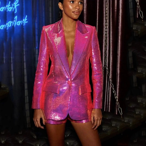 2024 Spring/summer Rose Pink Sequins Cool Flashing BLING BLING Suit Jacket Shorts Fashion Suit Two-piece Suit