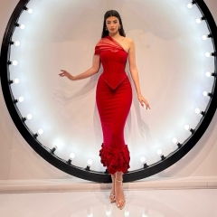 2025 Fall Hot Red Celebrity Bandage Two Piece Set One Shoulder Crop Top&Skirt